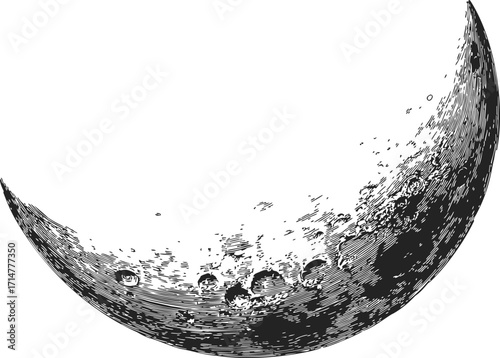 Crescent moon sketch hand drawn with detailed craters and surface texture — stock vector