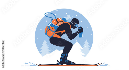 Dynamic vector illustration A skier with a backpack pauses to drink on a snowy mountain. Capturing the thrill of winter sports and outdoor adventure