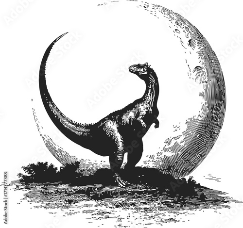 Dinosaur sketch, hand drawn style, standing on ground with large moon background — stock vector