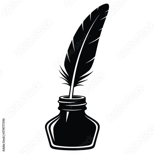 Black silhouette of a quill pen in an ink bottle on white background vector