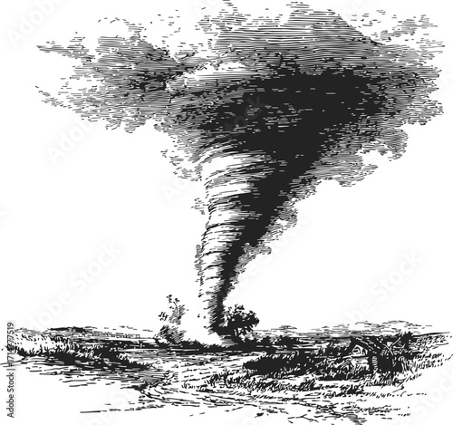 Tornado sketch, hand drawn rural landscape with swirling funnel cloud — stock vector