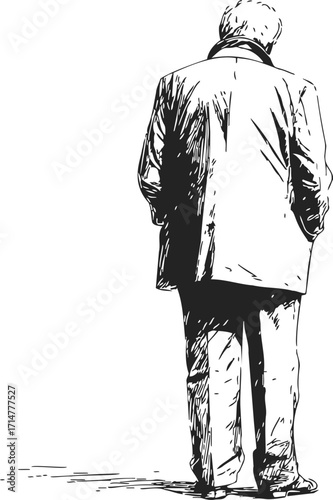 Old man back view sketch hand drawn wearing coat standing alone — stock vector