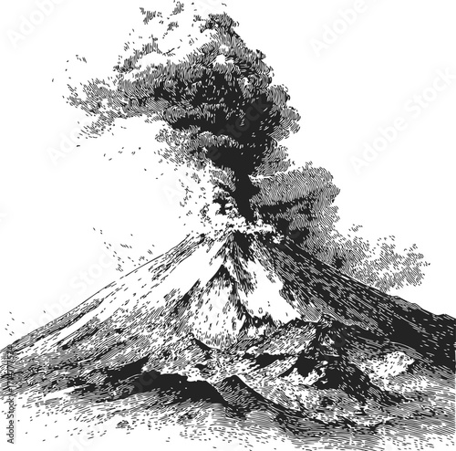 Volcano erupting sketch, hand drawn style with smoke and ash cloud — stock vector