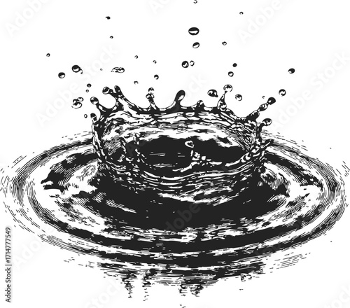 Water splash sketch, hand drawn vector, liquid crown and ripples in motion — stock vector