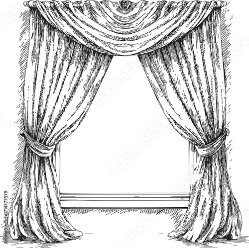 Curtains sketch hand drawn window drapes with swag valance and tiebacks — stock vector