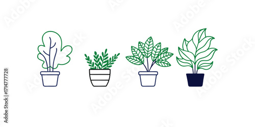 Collection Of Potted Houseplants In Simple Outline Style