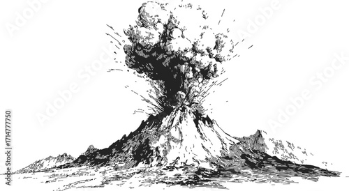 Volcano sketch hand drawn erupting with ash cloud and explosive blast — stock vector