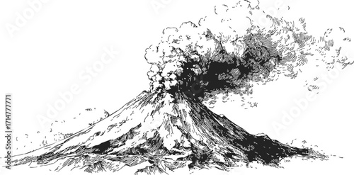Volcano sketch hand drawn erupting mountain with smoke and ash plume — stock vector