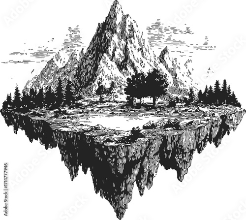 Floating island sketch, hand drawn mountain landscape with forest and rocky terrain — stock vector