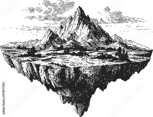 Floating island sketch, hand drawn mountain landscape with rocky terrain and clouds — stock vector