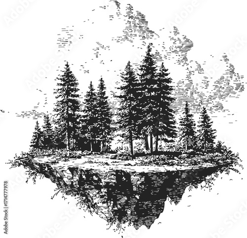 Floating island sketch, hand drawn pine forest on levitating landmass — stock vector