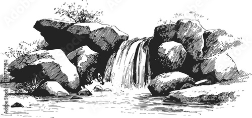 Waterfall sketch hand drawn with rocks and flowing water in natural landscape — stock vector