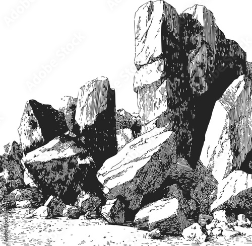 Rock formation sketch, hand drawn style, large boulders and rugged landscape — stock vector
