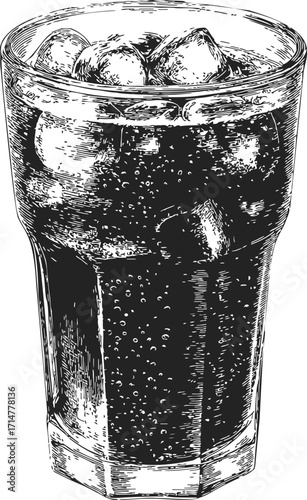 Glass of soda sketch hand drawn with ice cubes and bubbles — stock vector