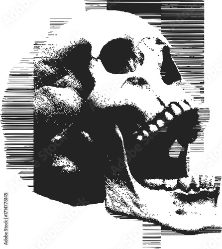 Skull sketch hand drawn with glitch effect and bold black lines — stock vector