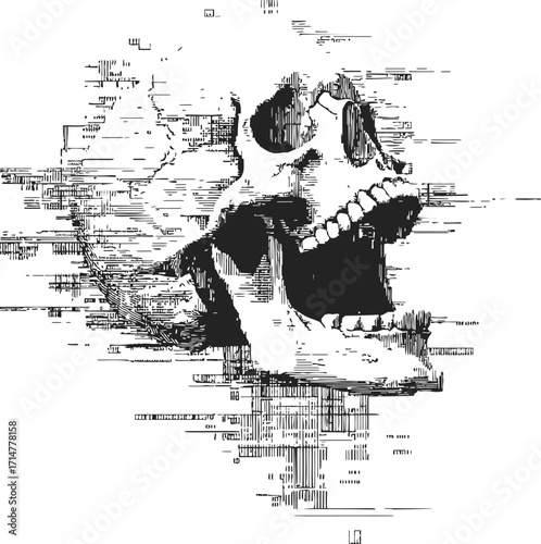 Skull sketch hand drawn with glitch effect, open mouth, abstract digital distortion — stock vector