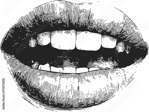Mouth sketch hand drawn open lips with teeth detailed line art — stock vector