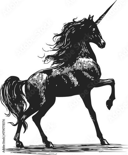 Unicorn sketch hand drawn majestic mythical horse with flowing mane and raised leg — stock vector