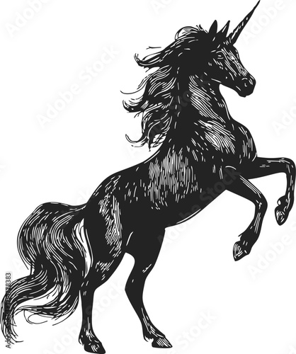 Unicorn sketch hand drawn rearing mythical horse with flowing mane and tail — stock vector