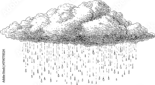 Rain cloud sketch, hand drawn style with falling raindrops — stock vector