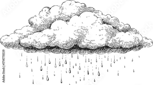 Rain cloud sketch hand drawn with falling raindrops detailed line art — stock vector