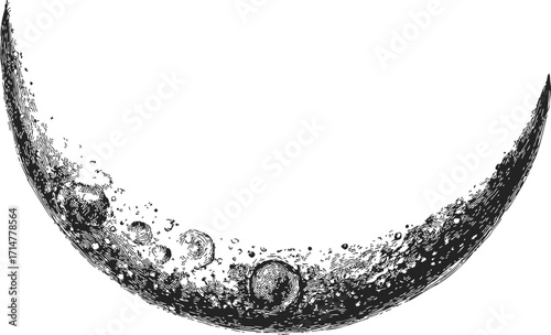 Crescent moon sketch hand drawn with detailed craters and textured lunar surface — stock vector