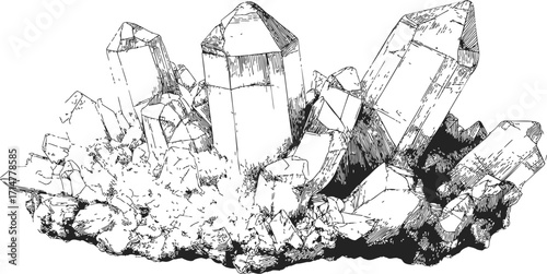 Quartz crystal cluster sketch, hand drawn line art mineral formation — stock vector