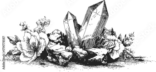 Crystal cluster sketch with blooming flowers and leaves, hand drawn nature composition — stock vector