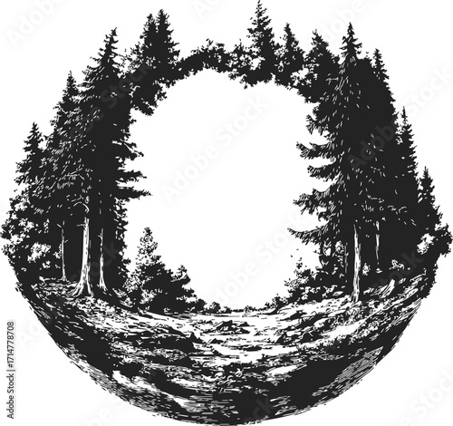 Forest trees sketch hand drawn circular landscape with empty center — stock vector