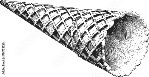 Ice cream cone sketch hand drawn waffle style detailed engraving — stock vector