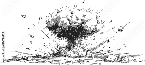 Nuclear explosion sketch, hand drawn mushroom cloud and ground blast scene — stock vector