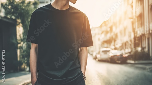 Young man stands casually in a black tshirt on an urban street, enjoying the warm sunlight reflecting off the surrounding buildings and road.