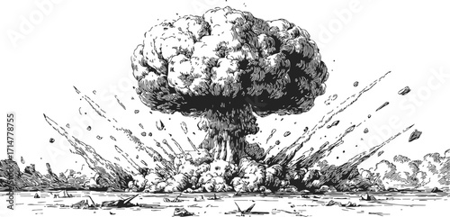 Nuclear explosion sketch, hand drawn style, dramatic mushroom cloud and debris — stock vector