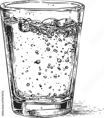 Glass of sparkling water sketch, hand drawn style with bubbles and reflections — stock vector
