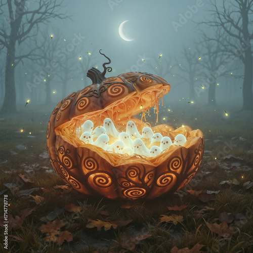 Misty autumn field with a giant carved pumpkin holding tiny glowing ghostly figures under a crescent moon.