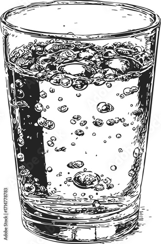 Glass of sparkling water sketch hand drawn with bubbles detailed — stock vector