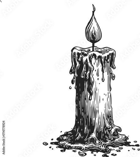 Melting candle sketch, hand drawn vector with dripping wax and burning flame — stock vector