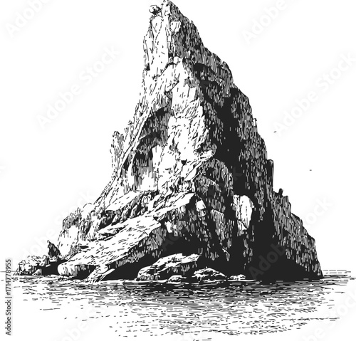 Rocky island sketch, hand drawn line art with towering cliff and water — stock vector