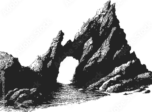 Natural arch rock formation sketch, hand drawn coastal landscape with sea and rugged cliffs — stock vector