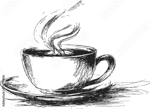 Cup of coffee sketch hand drawn with saucer and steam — stock vector