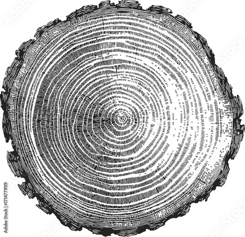 Tree rings sketch, hand drawn cross section showing annual growth rings — stock vector