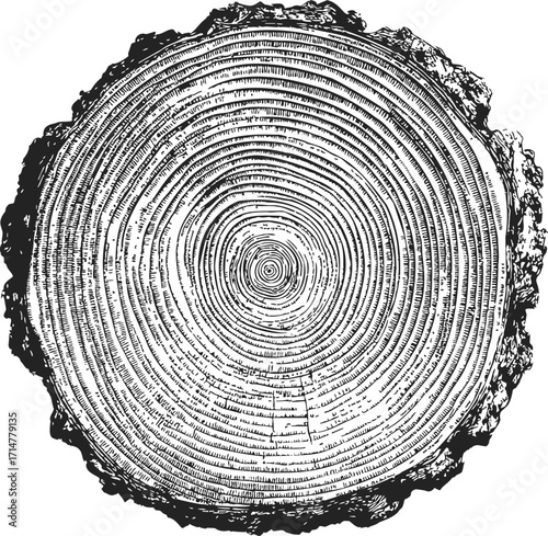 Tree trunk cross section sketch, hand drawn annual rings detailed wood texture — stock vector