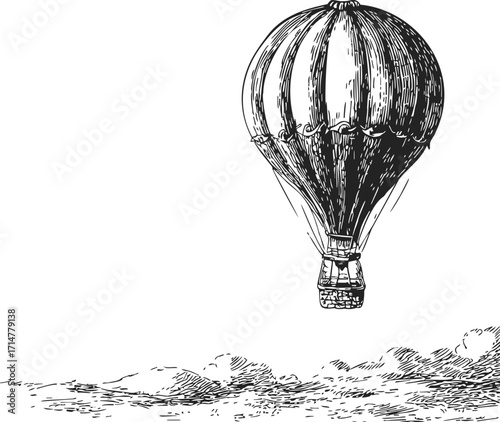 Hot air balloon sketch hand drawn vintage style flying above landscape — stock vector