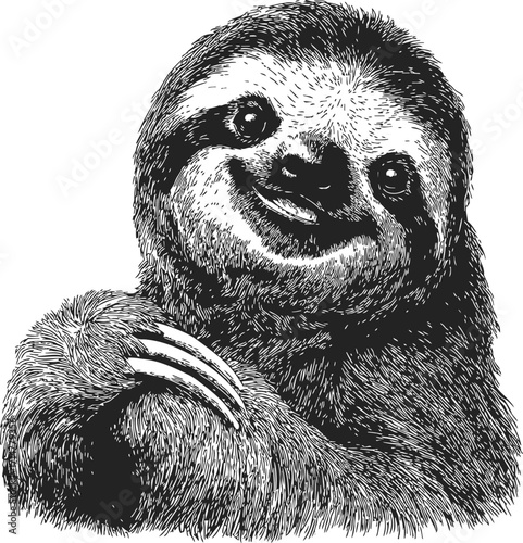 Sloth sketch hand drawn portrait with smiling face and detailed fur — stock vector