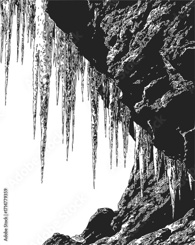 Icicles sketch hand drawn on rocky cliff in winter landscape — stock vector