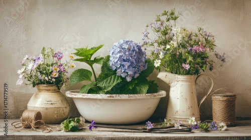 Vintage floral still life with hydrangea and wildflowers in rustic containers