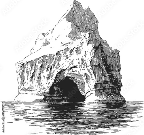 Rock formation sketch, hand drawn sea cliff with cave and water reflection — stock vector