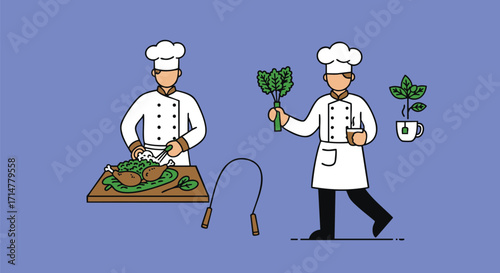 Set of illustrations depicting a chef's lifestyle, balancing professional cooking with healthy eating and fitness elements