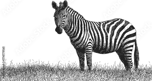 Zebra sketch hand drawn standing in grass detailed black and white illustration — stock vector