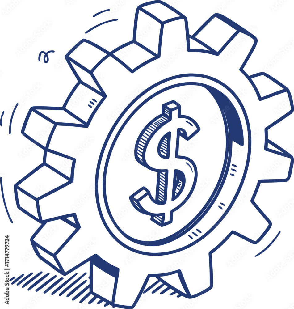 Obraz premium Hand-Drawn Dollar Sign Gear Mechanism: Financial Engine Concept, Sketch of Money Power Gear: Business Process and Economy Illustration